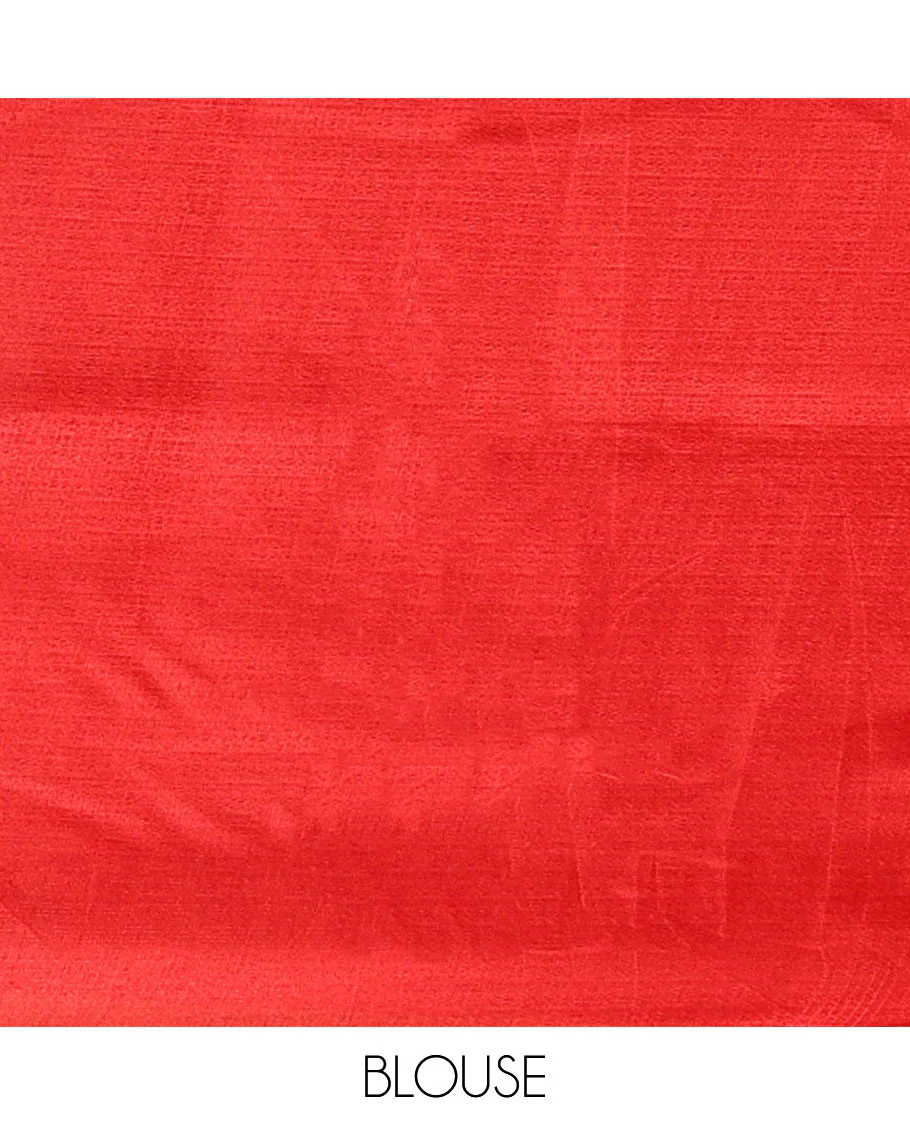 Black batik-style geometric motifs block printed khadi cotton saree,contrast border, batik floral print pallu & plain red blouse - Image 5