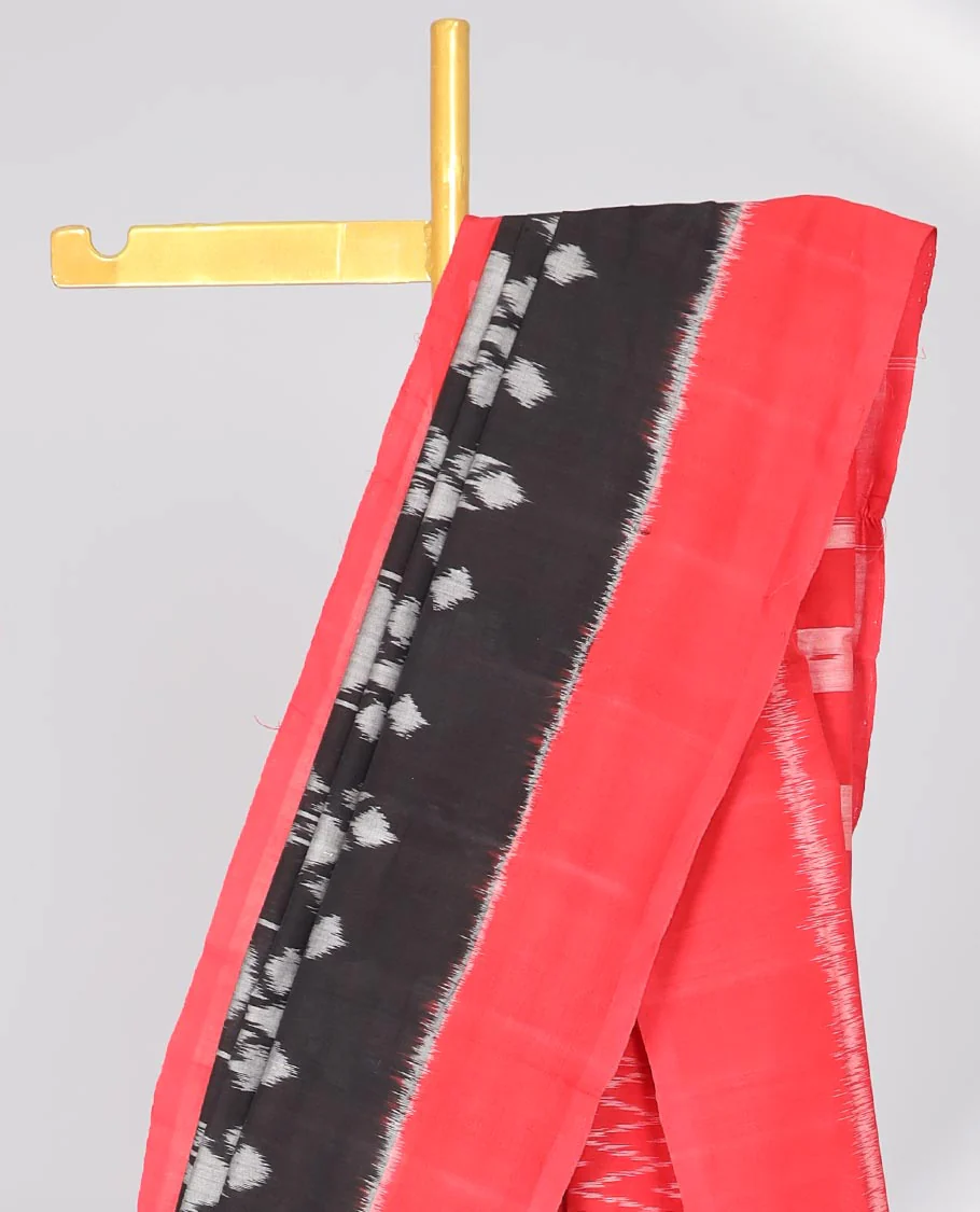 Black ikkat cotton design with intricate design, contrast plain border & gemonetric design pallu - Image 3