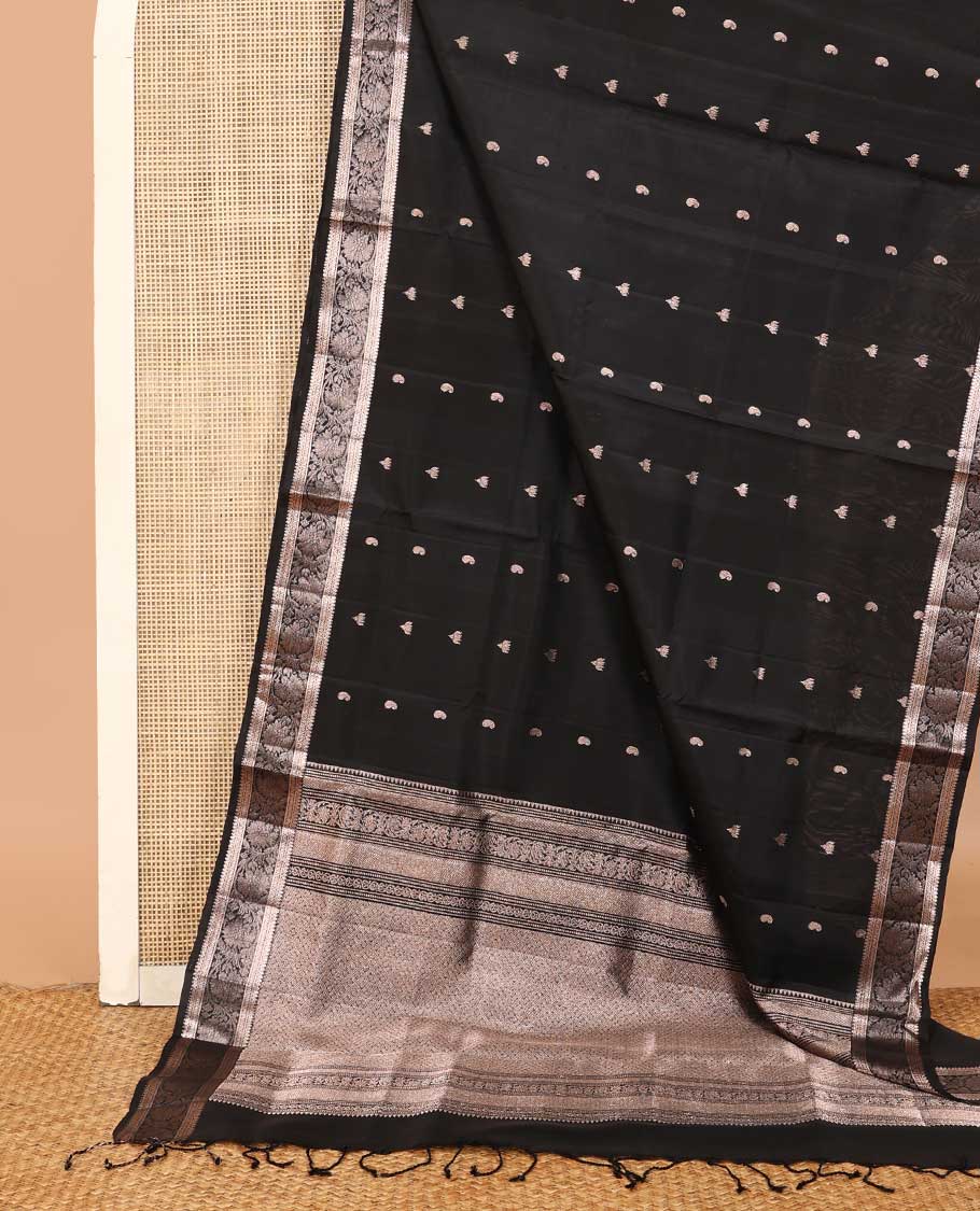 Black manga and pichwai lotus buttas Mayuri soft silk saree, zari border of thilakam mokku and kodi visiry designs, and intricate pallu - Image 3