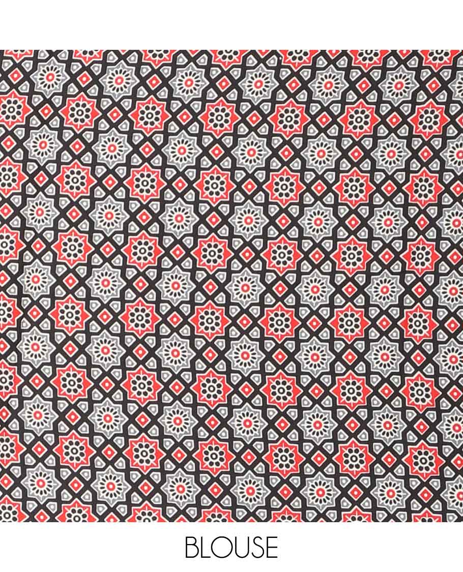 Black vertical line printed modal silk saree with temple, pichwai bentex border & circle butta design pallu along with ajrak printed blouse - Image 3