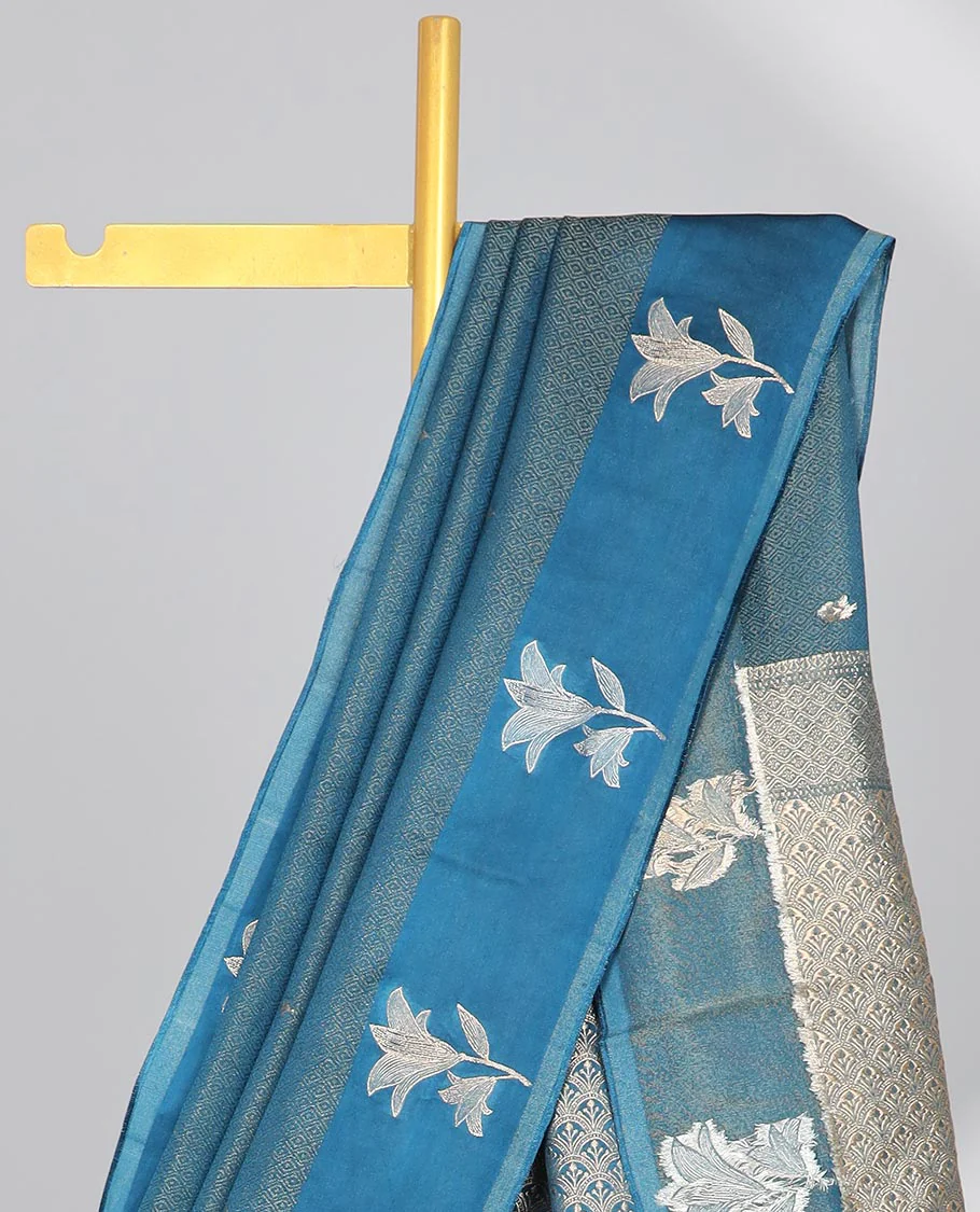 Blue floral design dola silk saree with self floral zari design & intricate zari design pallu - Image 3