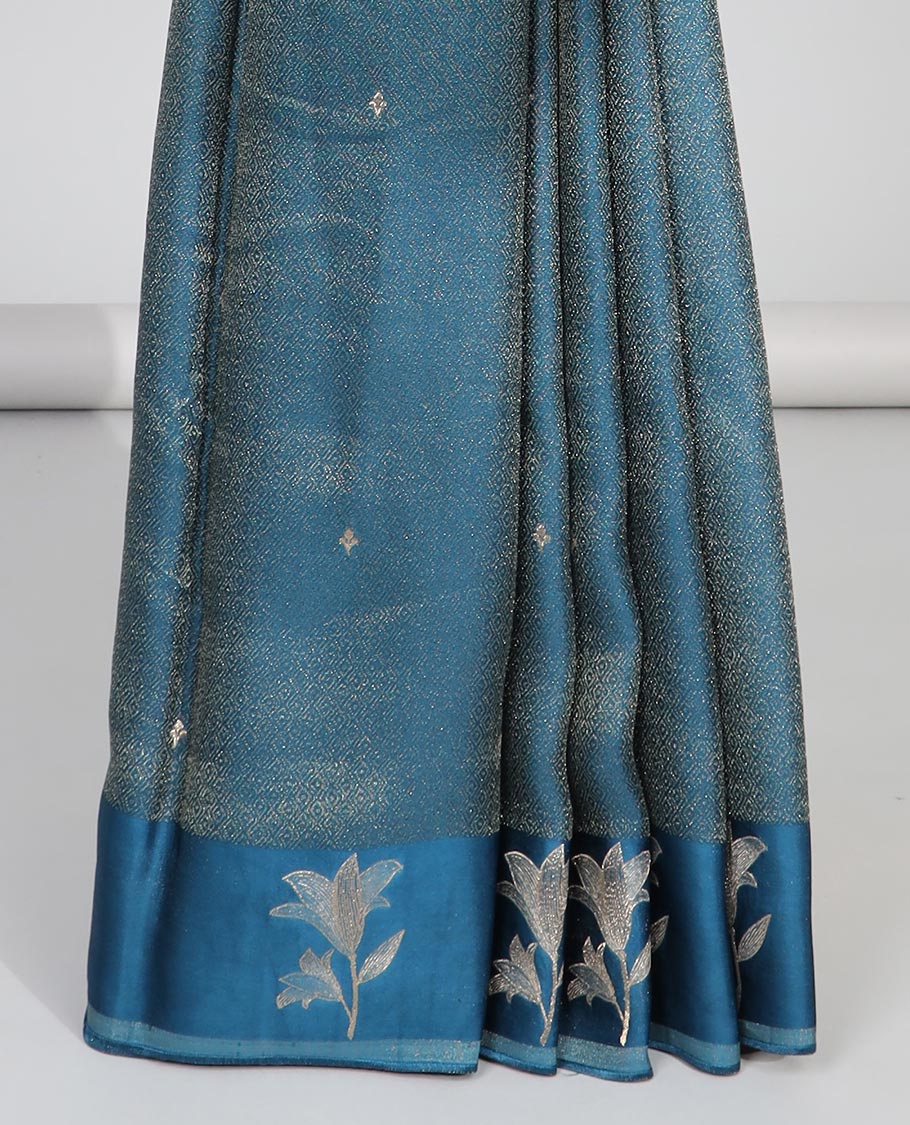 Blue floral design dola silk saree with self floral zari design & intricate zari design pallu - Image 4