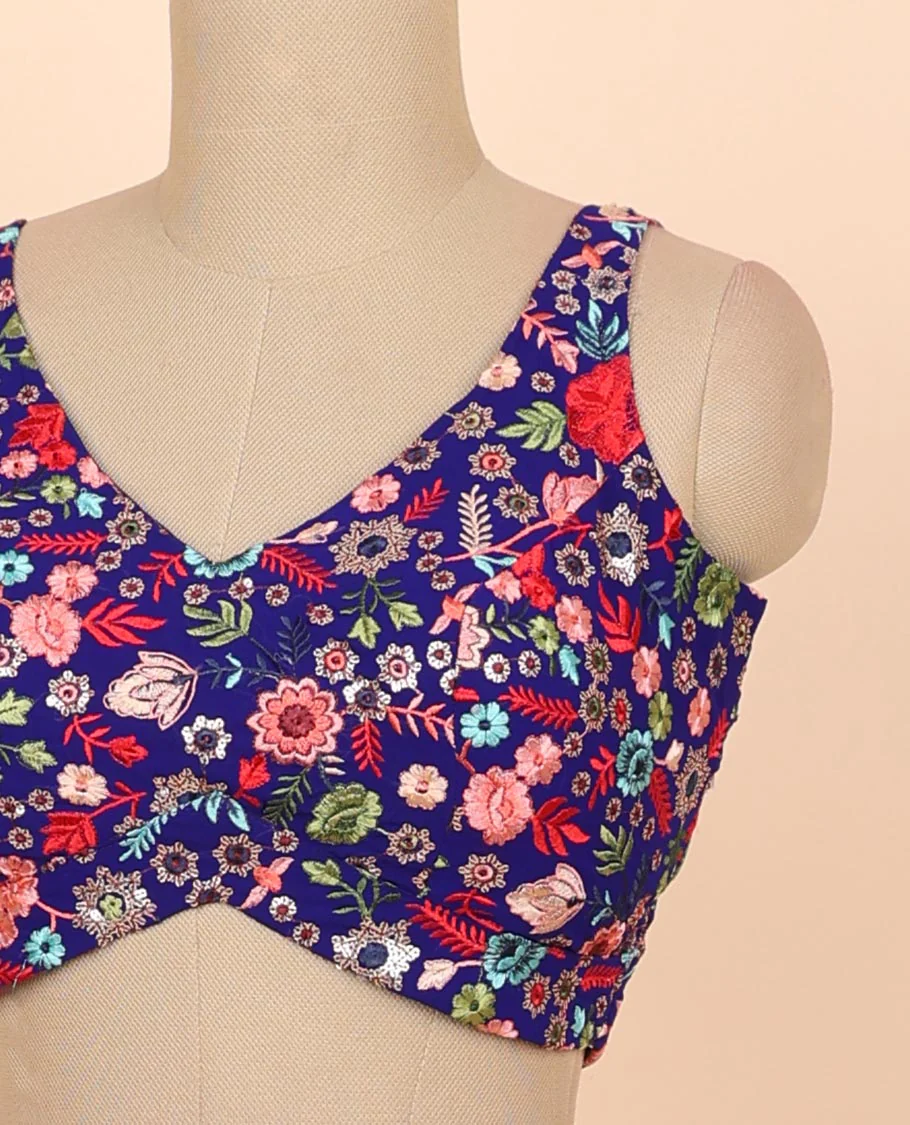 Blue floral embroidered front & back deep v-neck raw-silk readymade sleeveless blouse - Image 3