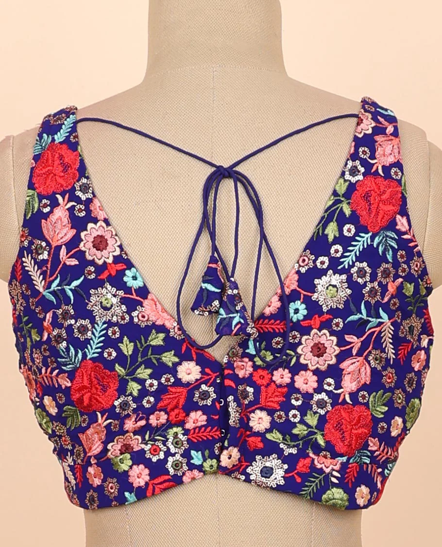 Blue floral embroidered front & back deep v-neck raw-silk readymade sleeveless blouse - Image 4
