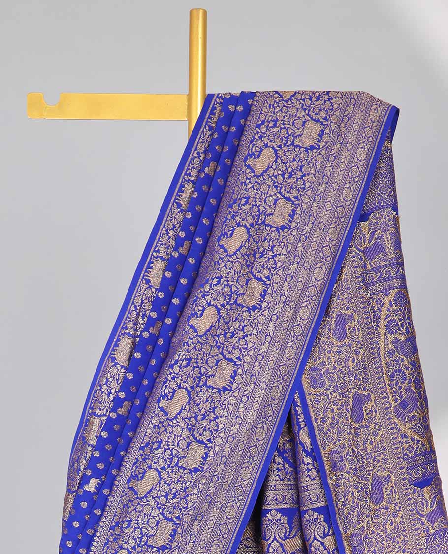 Blue floral motifs banaras silk saree with self zari design border & intricate floral zari design pallu - Image 3