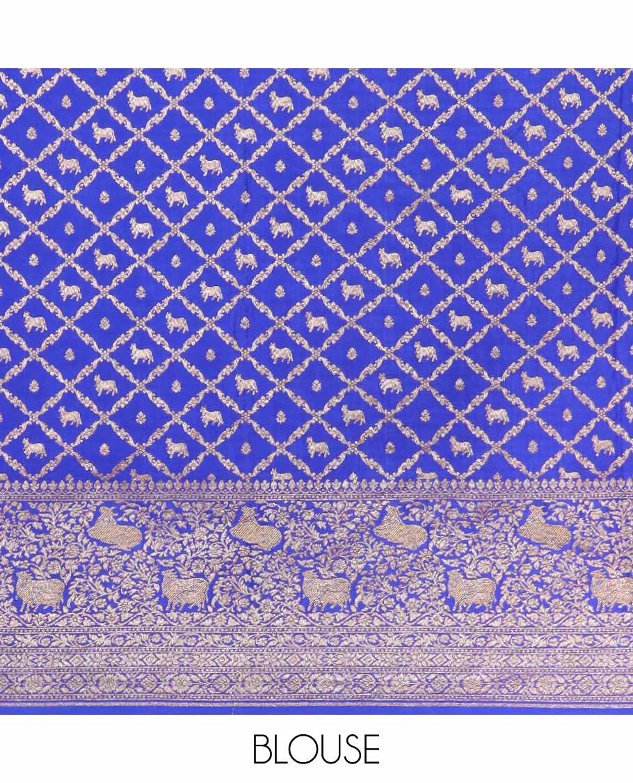 Blue floral motifs banaras silk saree with self zari design border & intricate floral zari design pallu - Image 5