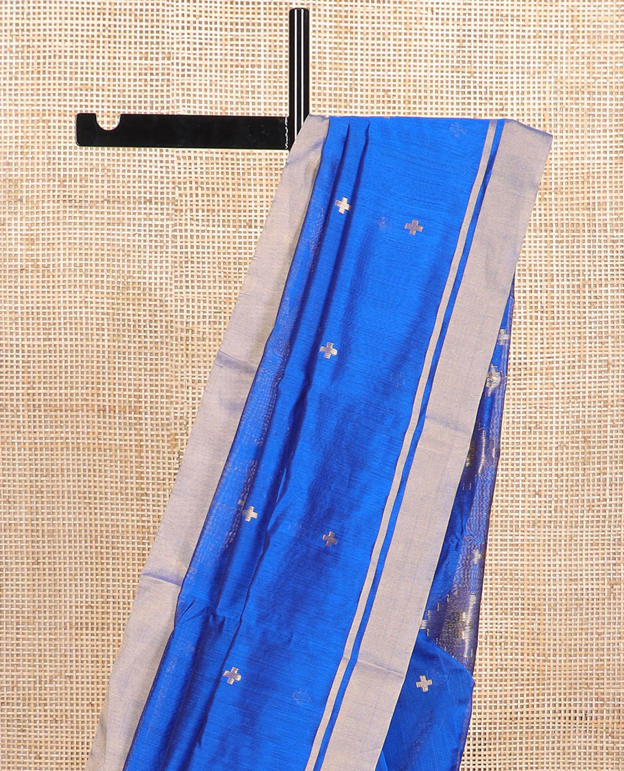 Blue geometric design chanderi cotton saree with self zari border & geometric design pallu - Image 3