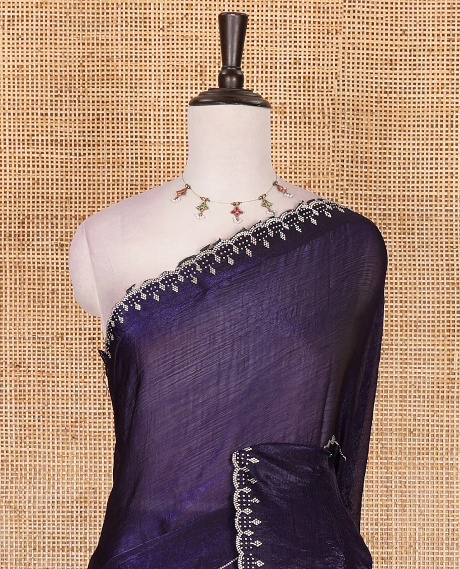 Blue micro stonework Fendi chiffon saree, scallop micro stonework border, stonework paisley pallu, and matching micro stone work blouse - Image 3