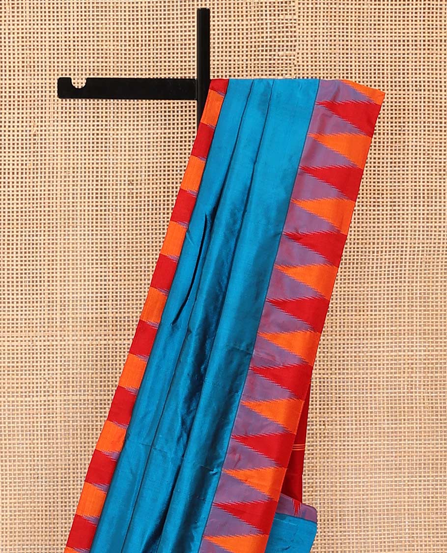 Blue plain Bangalore silk saree, contrast temple border, and striped pallu - Image 3