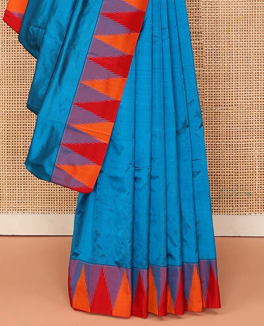 Blue plain Bangalore silk saree, contrast temple border, and striped pallu - Image 4