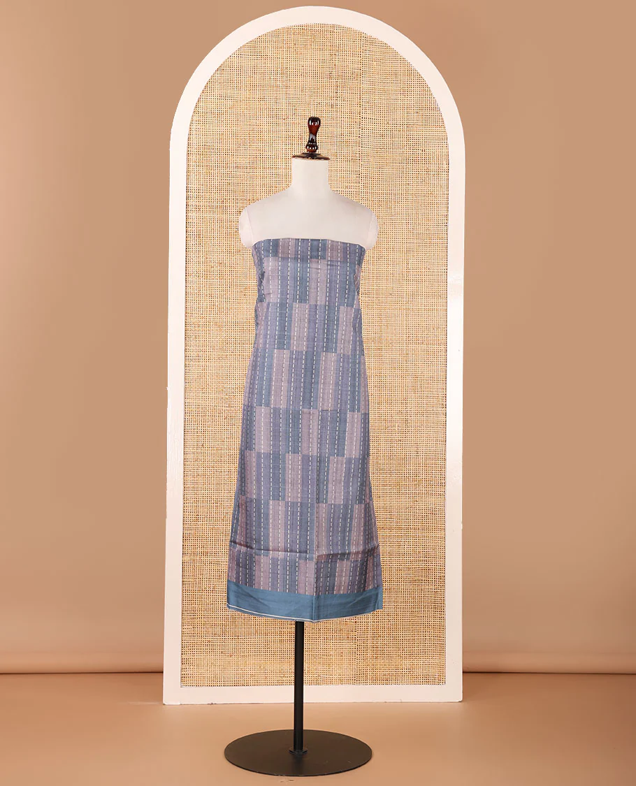 Blue semi-tussar material chudidar set,geometric & kantha print top,heathered plain bottom & dupatta of geometric & floral print - Image 3