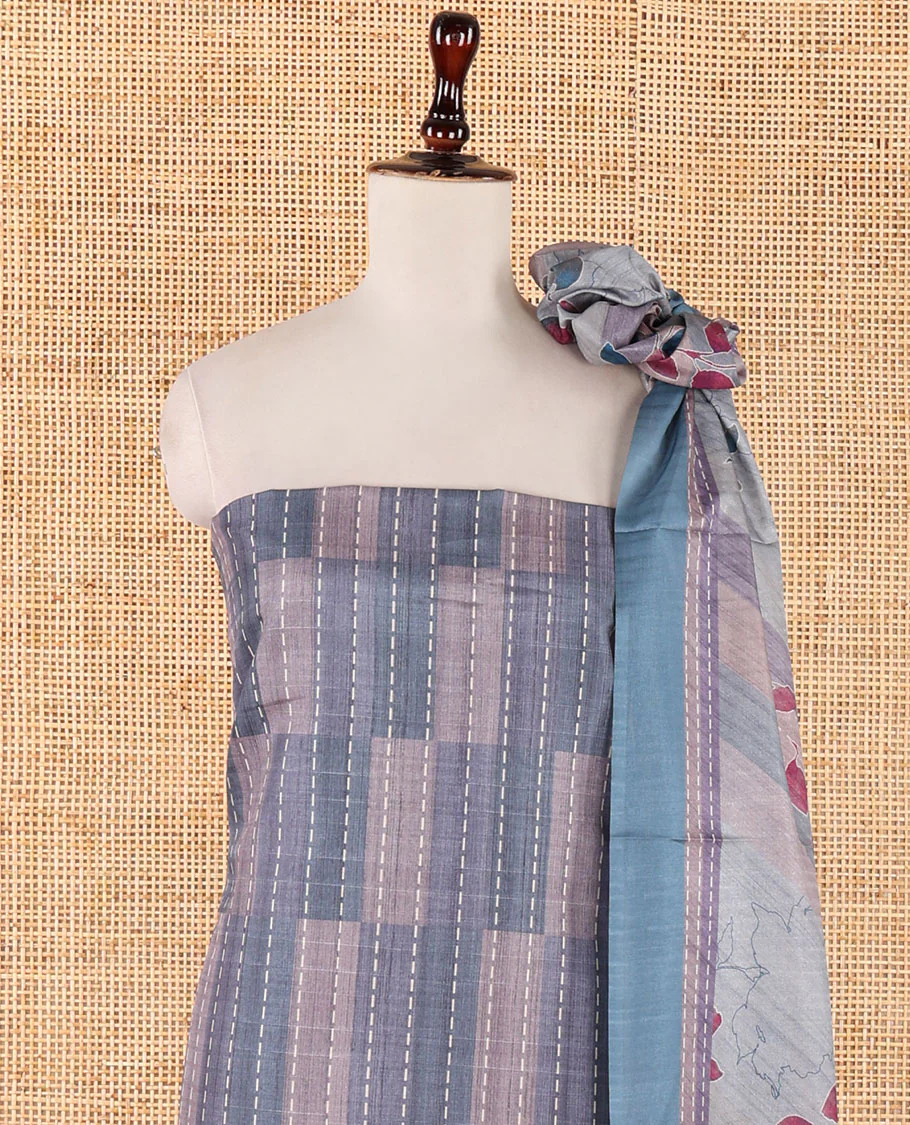 Blue semi-tussar material chudidar set,geometric & kantha print top,heathered plain bottom & dupatta of geometric & floral print - Image 4