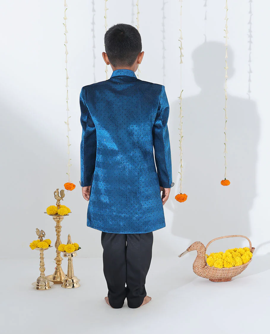 Blue sherwani set with solid kurta, contrast chevron textured stonework coat & matching pants - Image 4