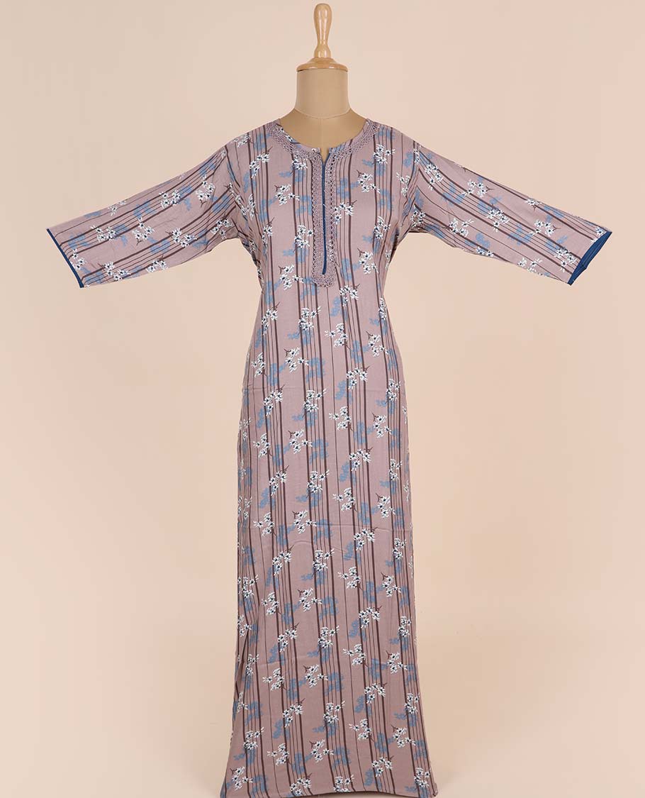 Blue stripes & floral motifs printed round-neck 3/4th-sleeve nighty - Image 4