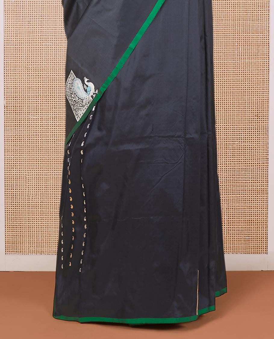 Borderless black katan silk saree with peacock motifs, self-pallu steeped with meenakari peacock motifs - Image 4