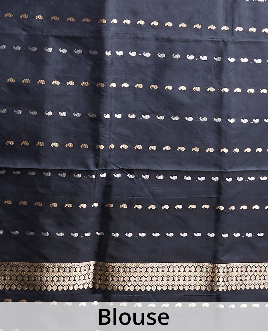 Borderless black katan silk saree with peacock motifs, self-pallu steeped with meenakari peacock motifs - Image 5
