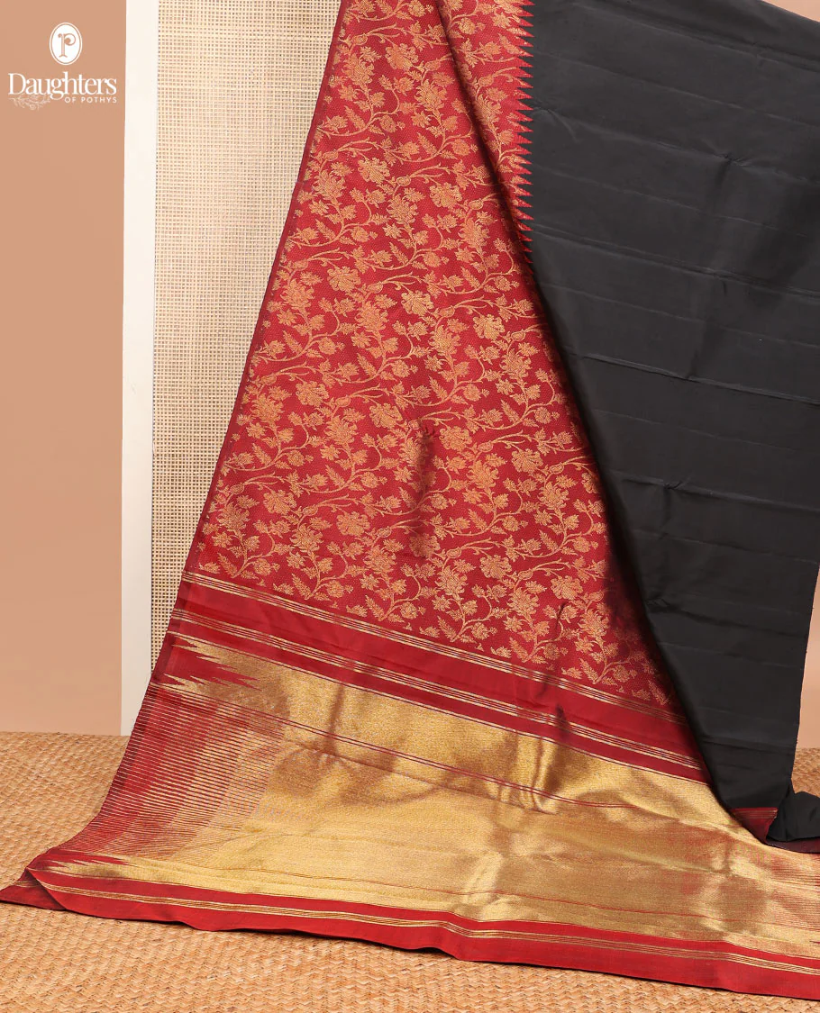 Borderless black and red plain and floral jaal jacquard design half-and-half samudrika silk saree, zari-rich seppu rekku pallu - Image 3