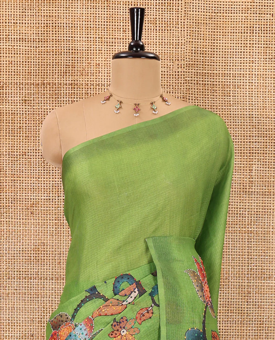 Borderless parrot green kalamkari floral vine printed with French knot and kanta embroidered kotta silk saree, printed and French knot embroidered matching blouse - Image 3