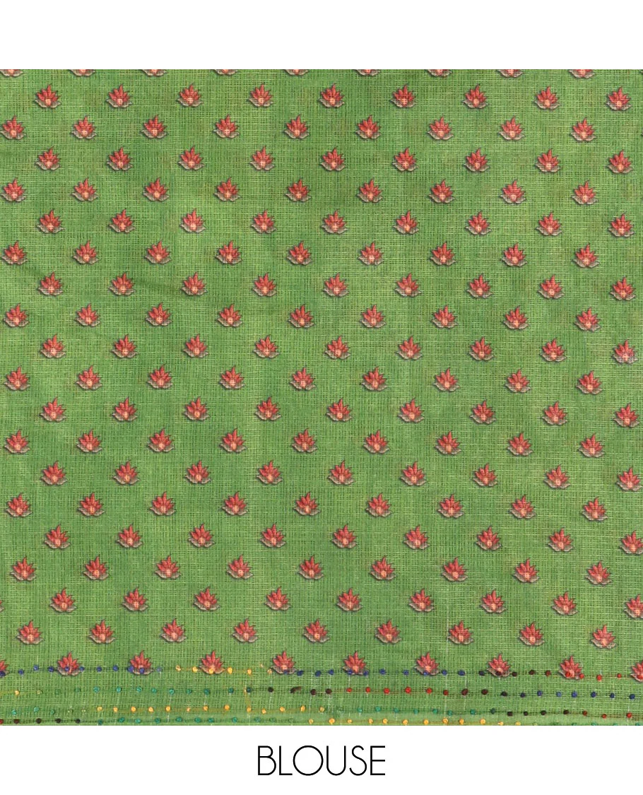 Borderless parrot green kalamkari floral vine printed with French knot and kanta embroidered kotta silk saree, printed and French knot embroidered matching blouse - Image 4