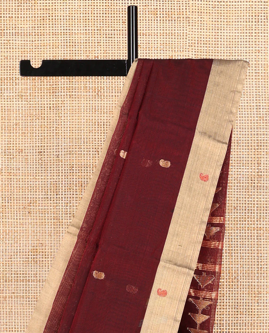 Brown paisely design chanderi cotton saree with contrast border & geometric design pallu - Image 3