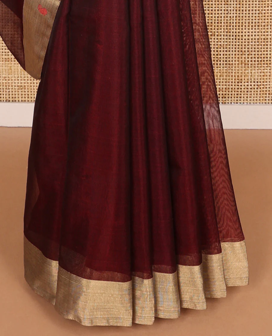 Brown paisely design chanderi cotton saree with contrast border & geometric design pallu - Image 4