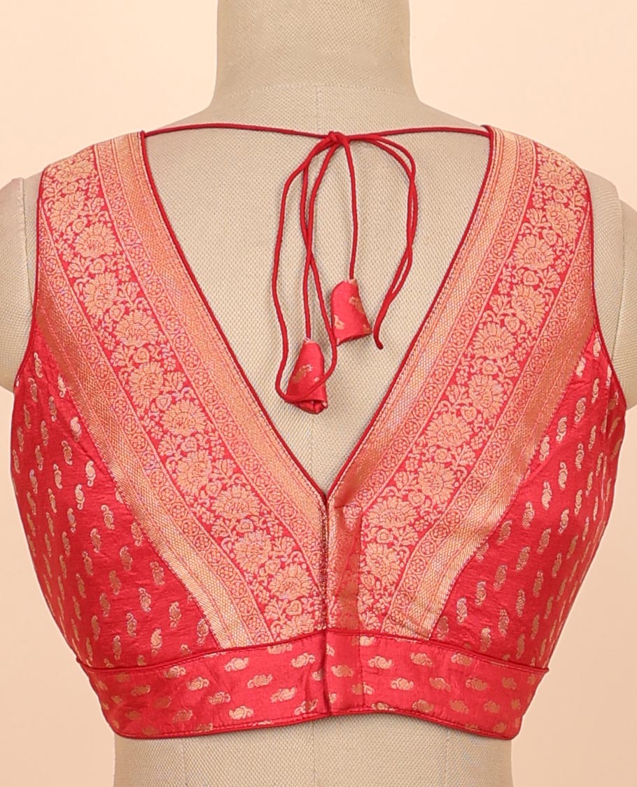 Cherry red floral zari design front & back deep v-neck raw-silk readymade sleeveless blouse - Image 4