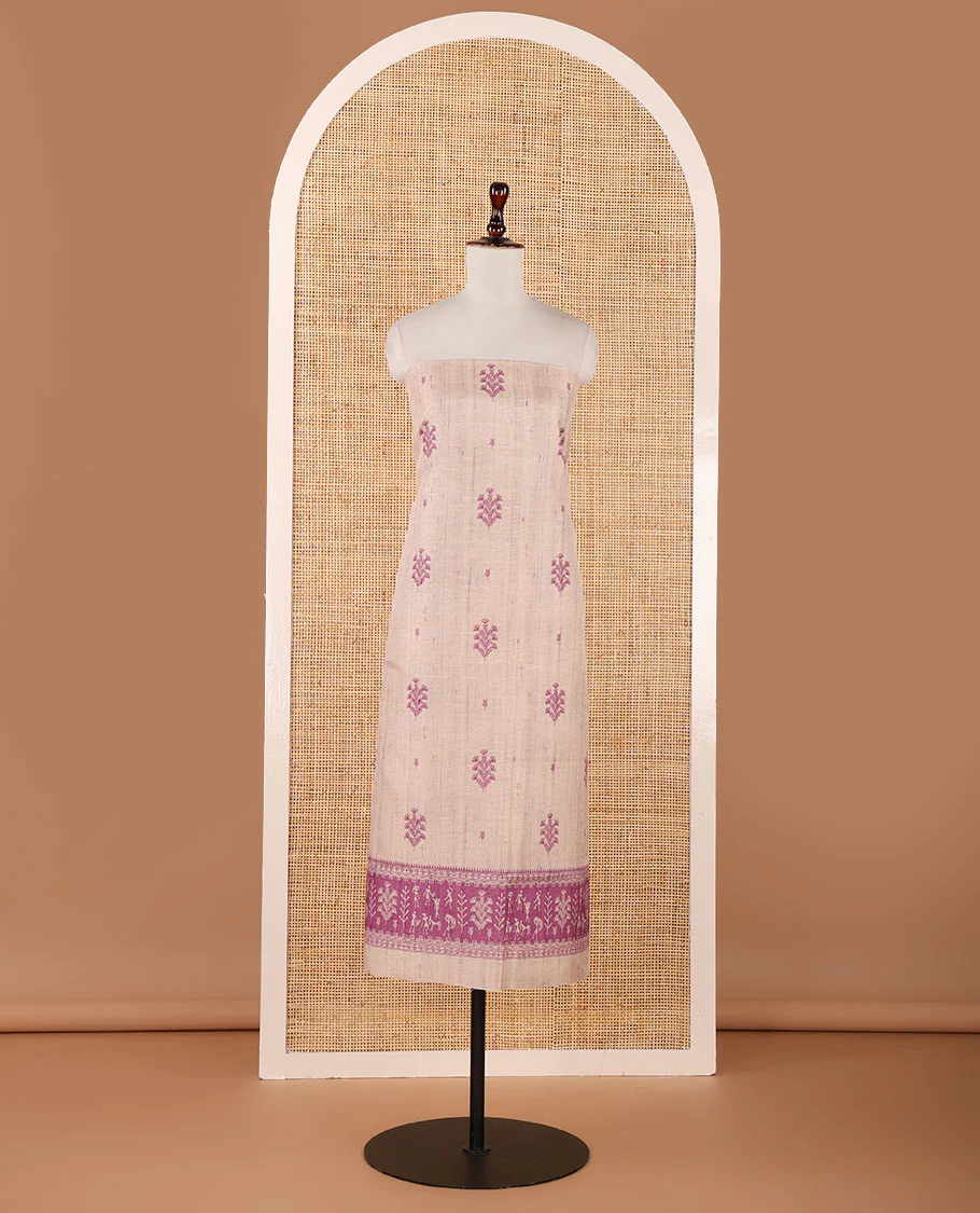 Chikku-base semi-tussar material chudidar set, floral & warli motifs top, contrast purple plain bottom & warli motifs steeped dupatta - Image 3