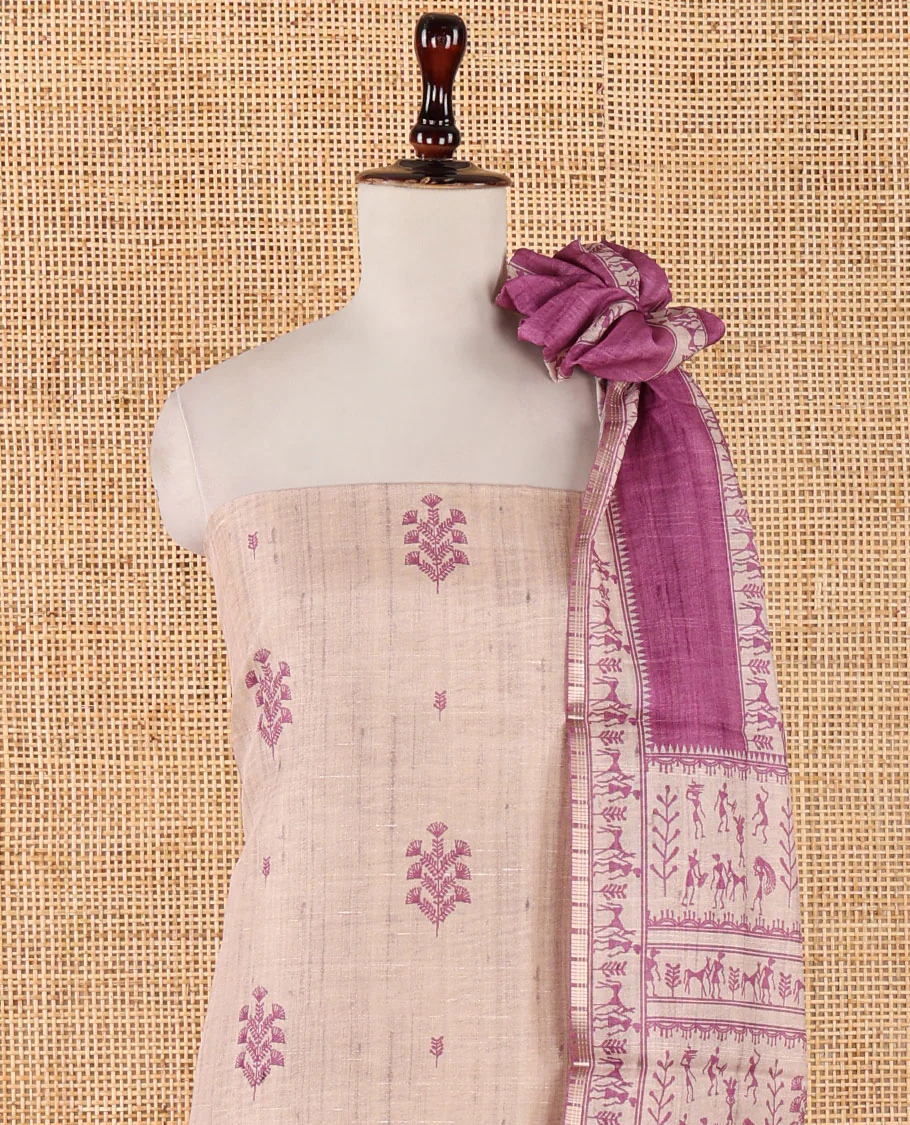 Chikku-base semi-tussar material chudidar set, floral & warli motifs top, contrast purple plain bottom & warli motifs steeped dupatta - Image 4