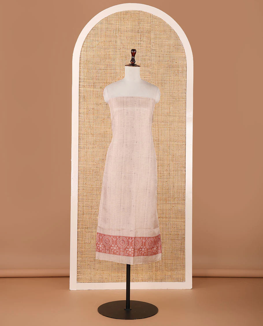 Chikku color semi-tussar material chudidar set, warli motifs top, contrast rust plain bottom & dupatta steeped with warli motifs - Image 3