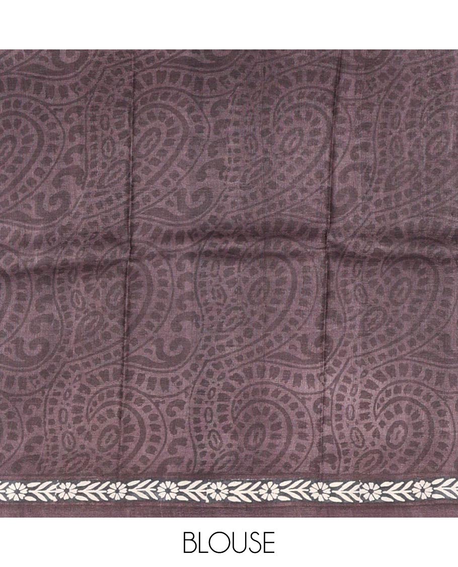 Maroon ogee design tussar saree with contrast floral design border & block floral print design pallu - Image 7