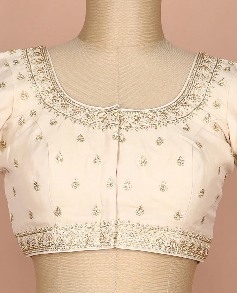 Cream floral thread embroidered round neck elbow sleeve raw silk readymade blouse - Image 3