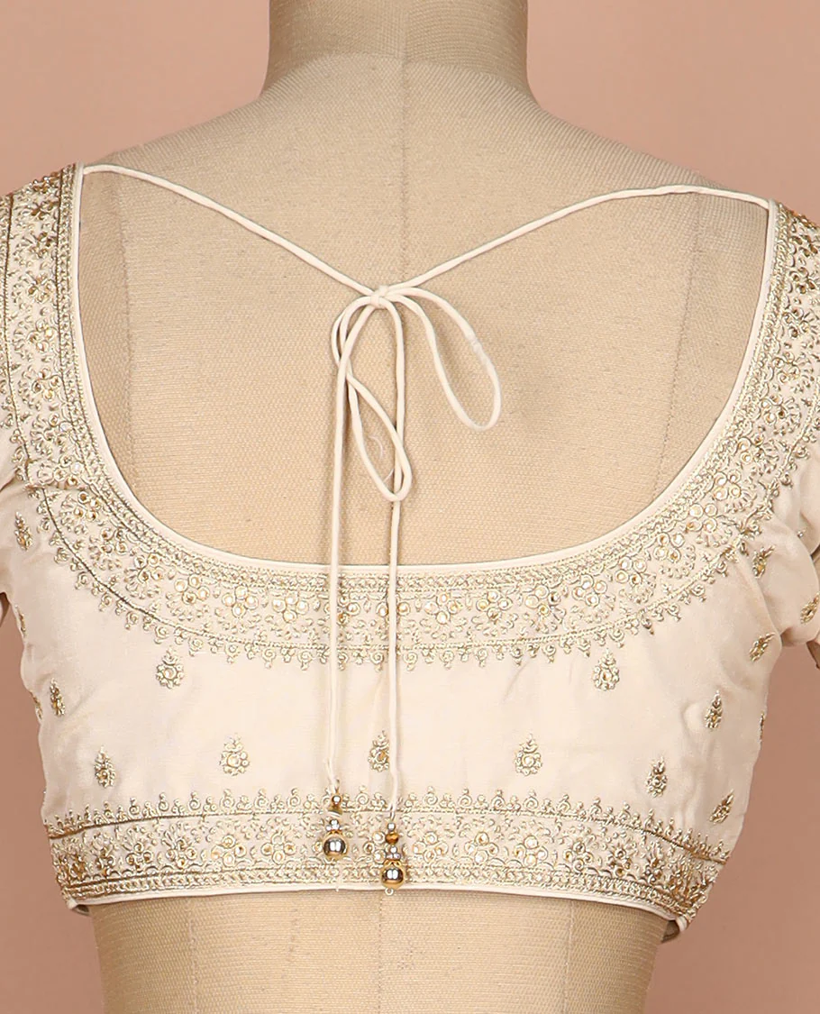 Cream floral thread embroidered round neck elbow sleeve raw silk readymade blouse - Image 4