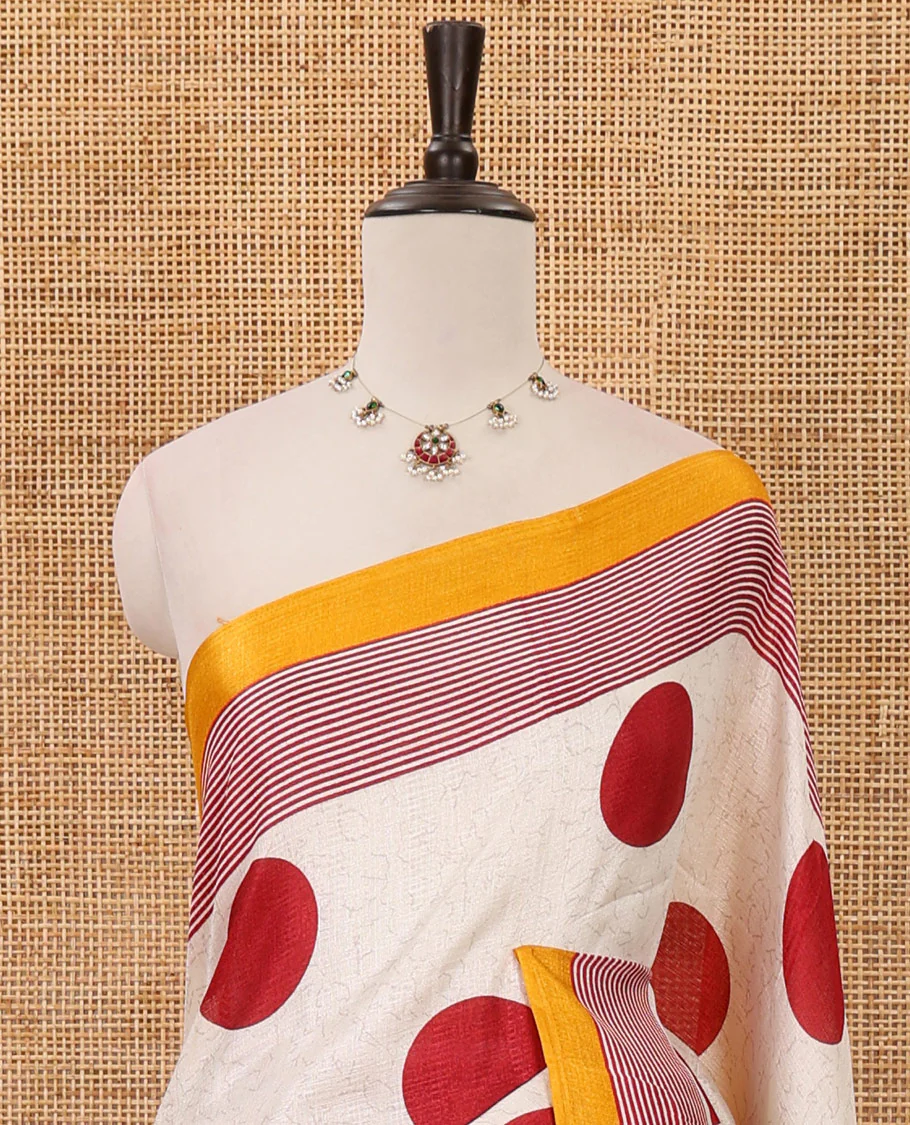 Cream polka dot printed khadi cotton saree, contrast piping border with stripes print, stripes printed pallu & yellow stripes printed blouse - Image 3