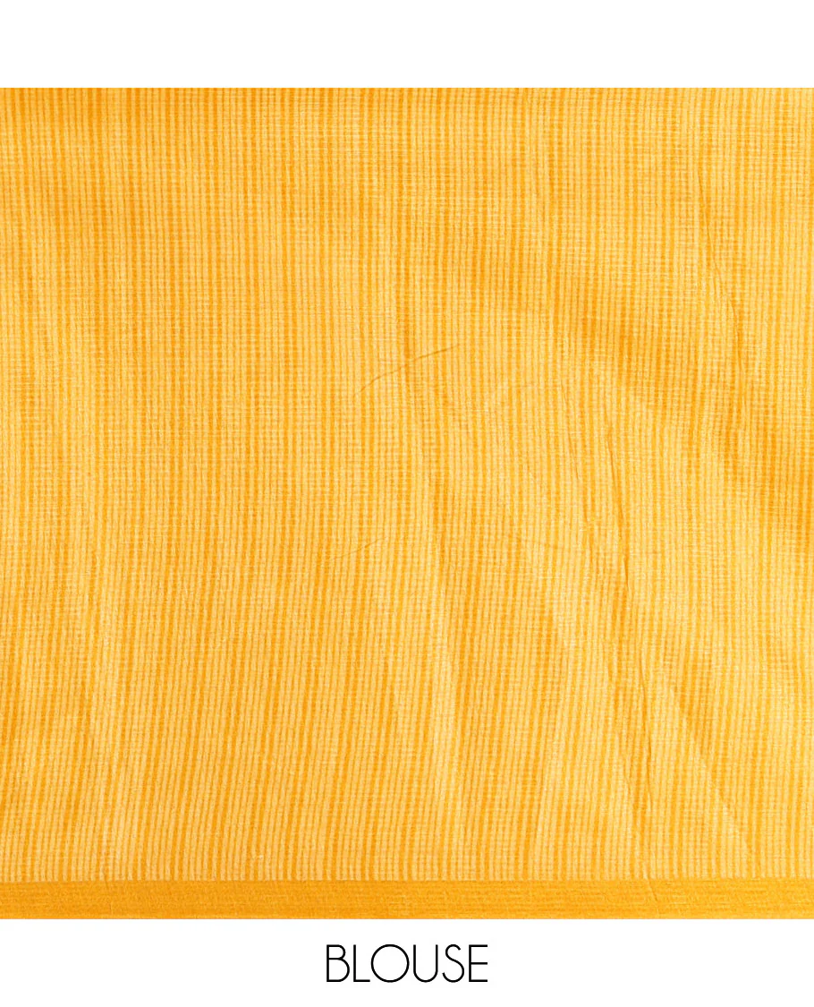 Cream polka dot printed khadi cotton saree, contrast piping border with stripes print, stripes printed pallu & yellow stripes printed blouse - Image 4