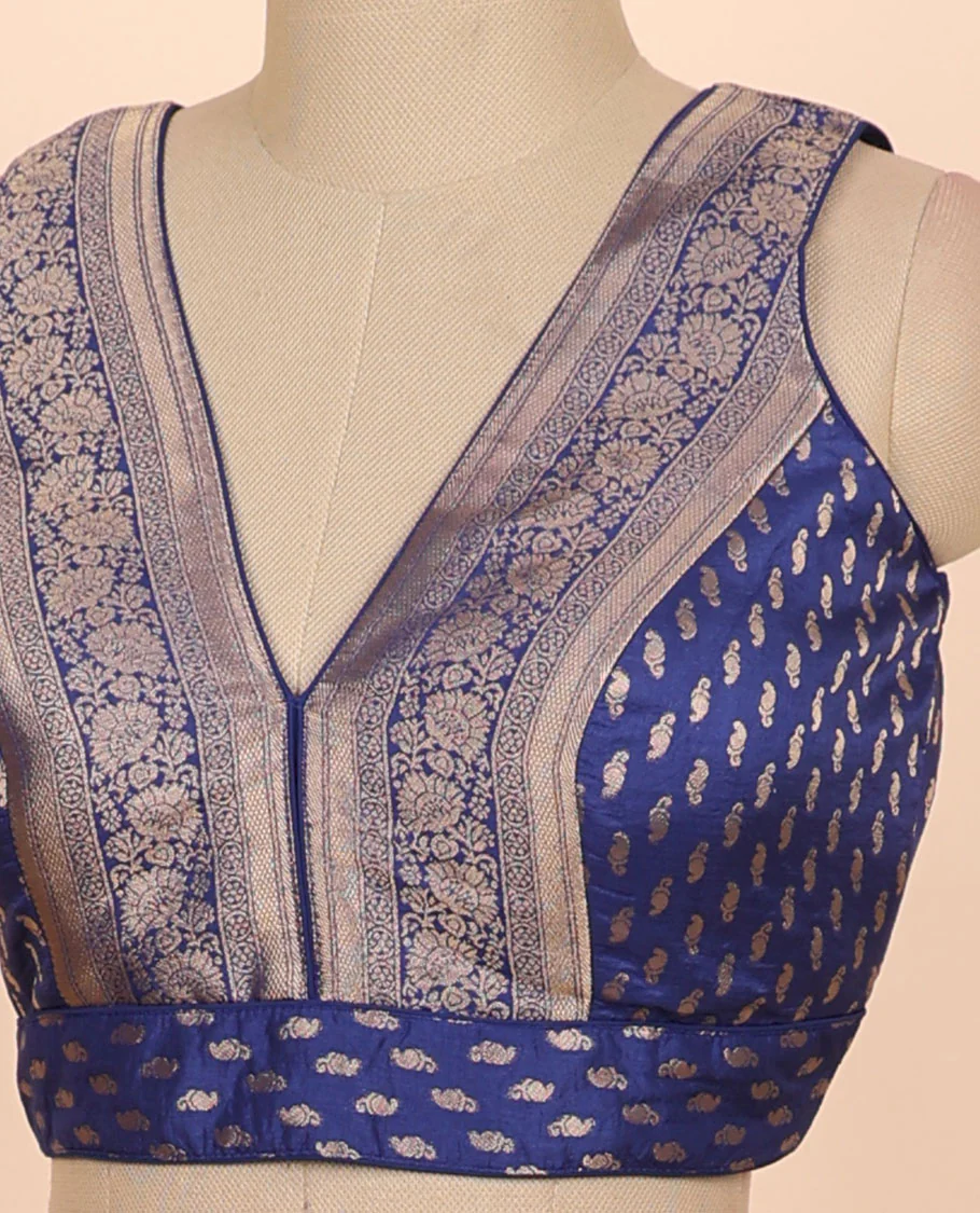 Dark blue floral zari design front & back deep v-neck raw-silk readymade sleeveless blouse - Image 3