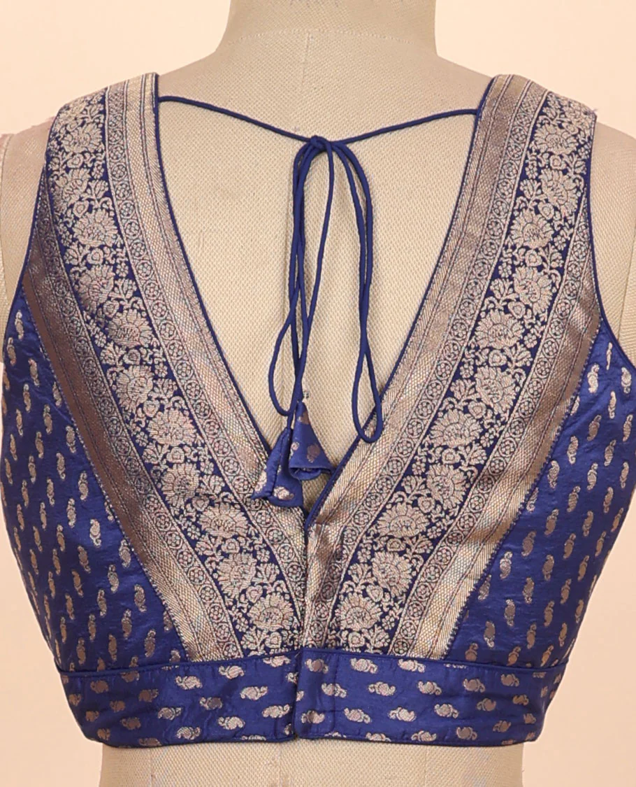 Dark blue floral zari design front & back deep v-neck raw-silk readymade sleeveless blouse - Image 4