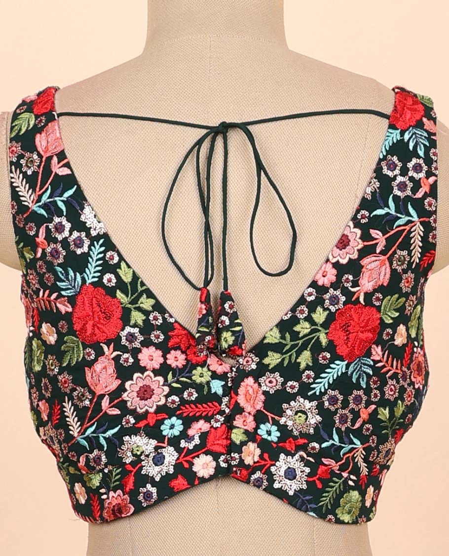 Dark green floral embroidered front & back deep v-neck raw-silk readymade sleeveless blouse - Image 4