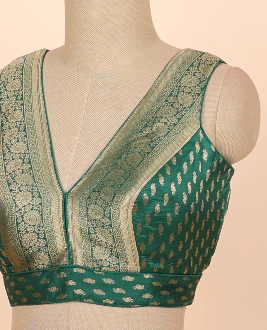 Dark green floral zari design front & back deep v-neck raw-silk readymade sleeveless blouse - Image 3