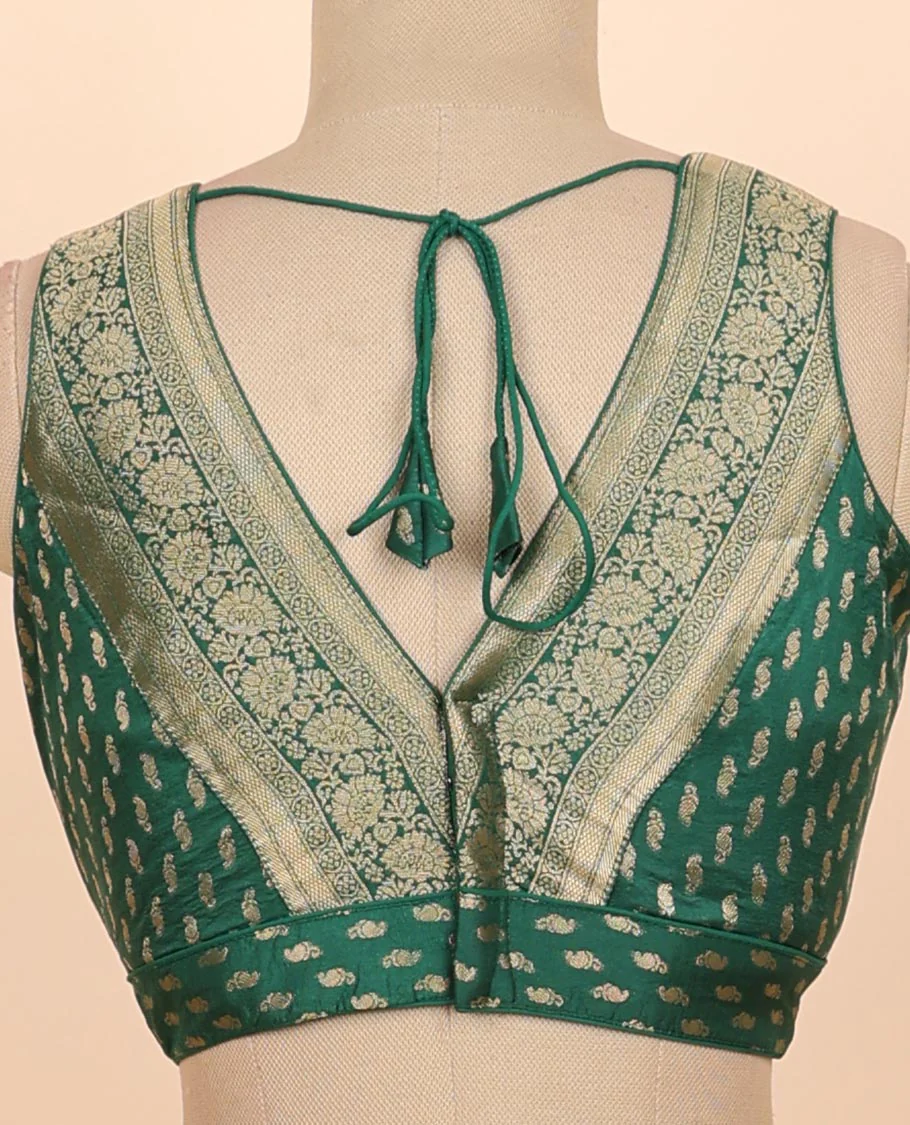 Dark green floral zari design front & back deep v-neck raw-silk readymade sleeveless blouse - Image 4
