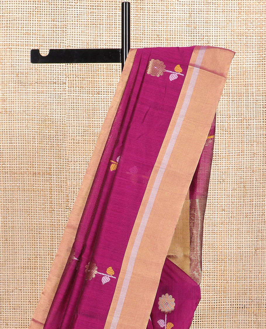 Dark pink floral motifs chanderi cotton saree with contrast zari design border & striped pallu - Image 3