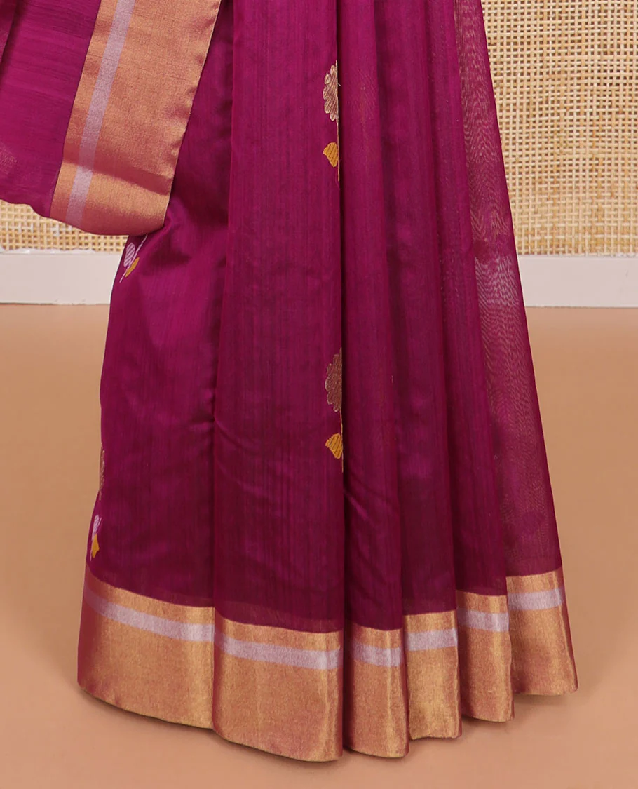 Dark pink floral motifs chanderi cotton saree with contrast zari design border & striped pallu - Image 4
