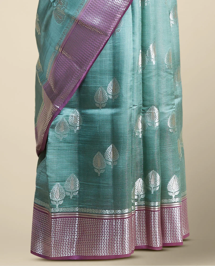 Green  floral motifs dupion silk saree with contrast intricate zari design border - Image 3