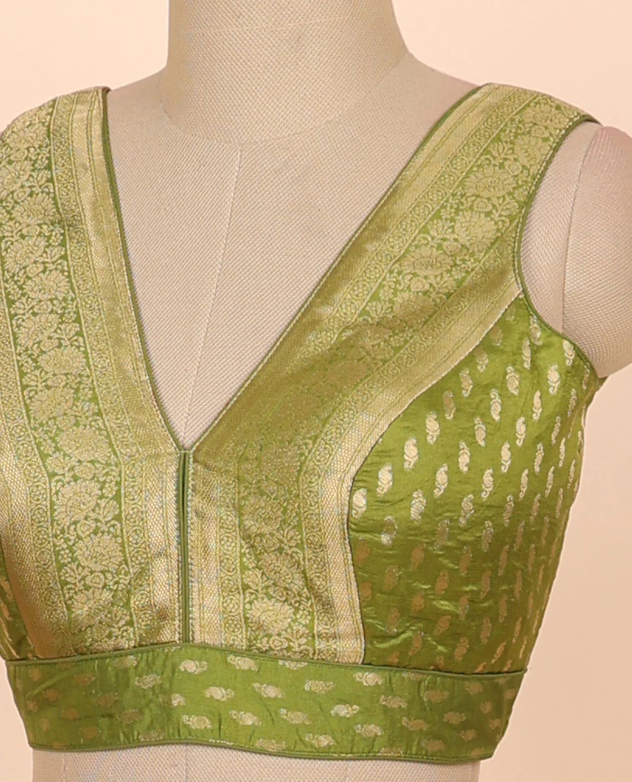 Green floral zari design front & back deep v-neck raw-silk readymade sleeveless blouse - Image 3