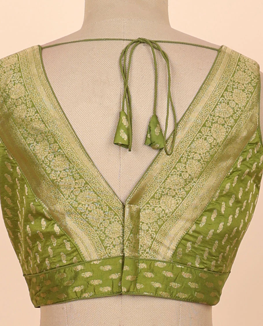 Green floral zari design front & back deep v-neck raw-silk readymade sleeveless blouse - Image 4