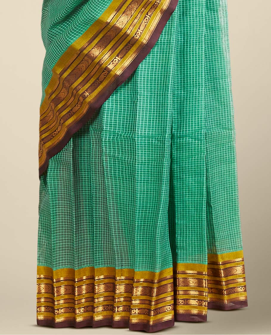 Green micro-checked gadwal saree, contrast border & pallu steeped with traditional zari designs - Image 3