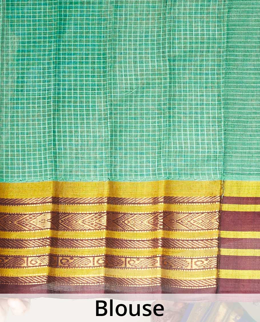 Green micro-checked gadwal saree, contrast border & pallu steeped with traditional zari designs - Image 4