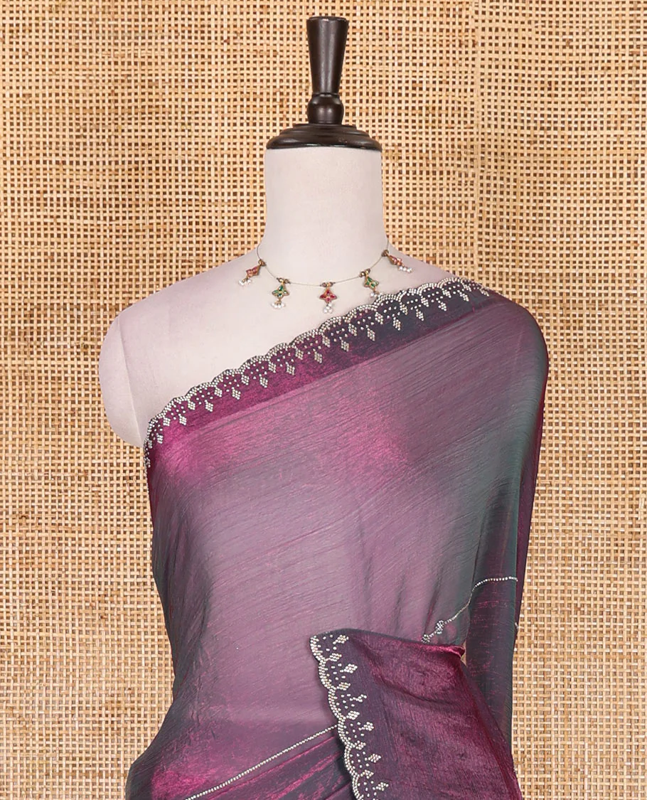 Green micro stonework Fendi chiffon saree, scallop micro stonework border, stonework paisley pallu, and matching micro stone work blouse - Image 3