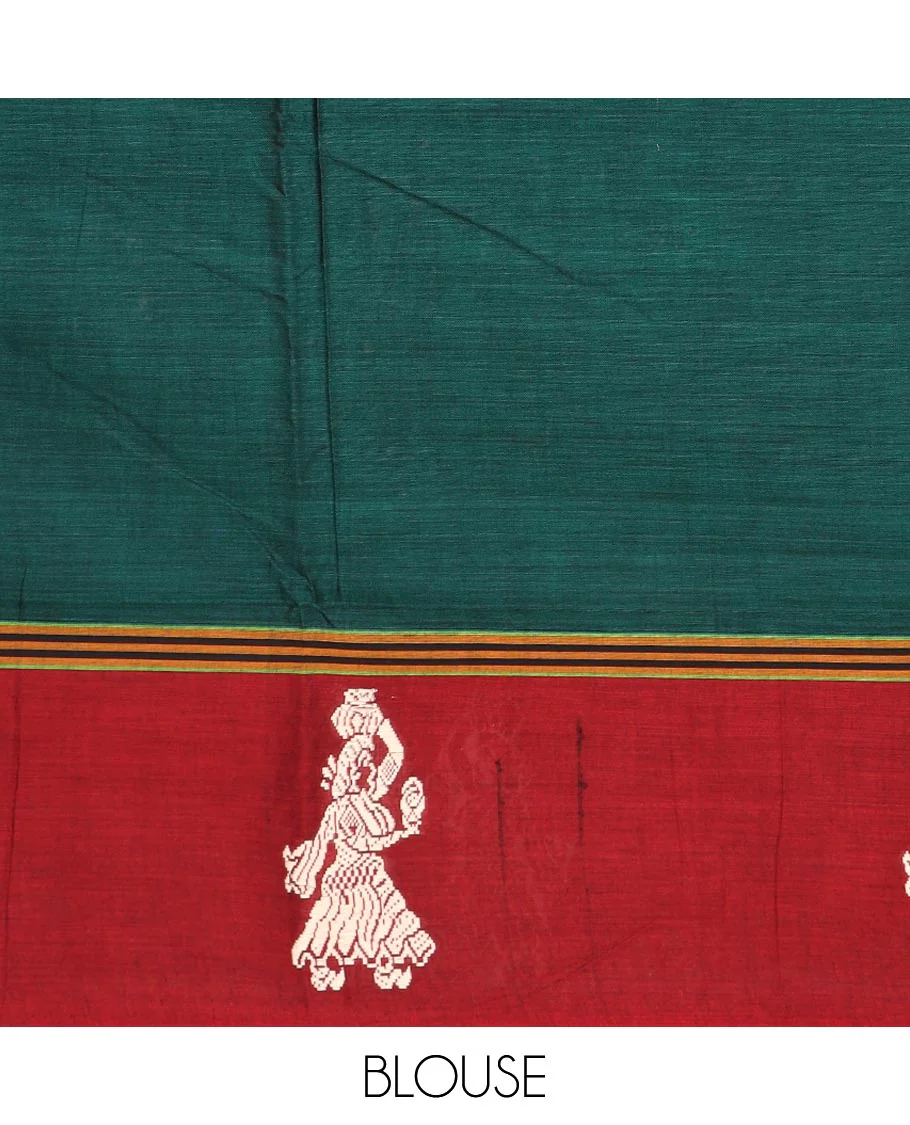 Green plain Narayanapet cotton saree, contrast girl motifs border, and striped pallu - Image 3