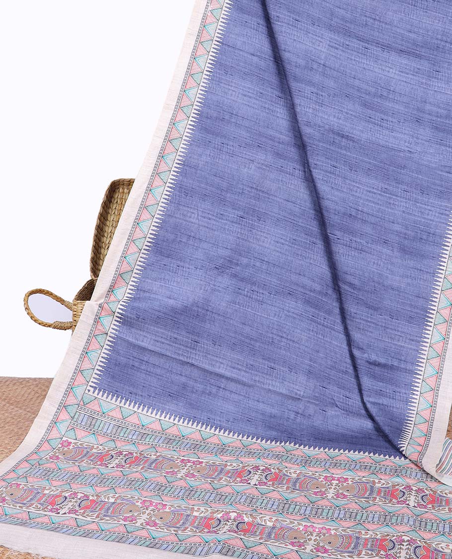 Green plain semi-banaras tussar saree, contrast vidarbha border & pallu of Madhubani print - Image 4