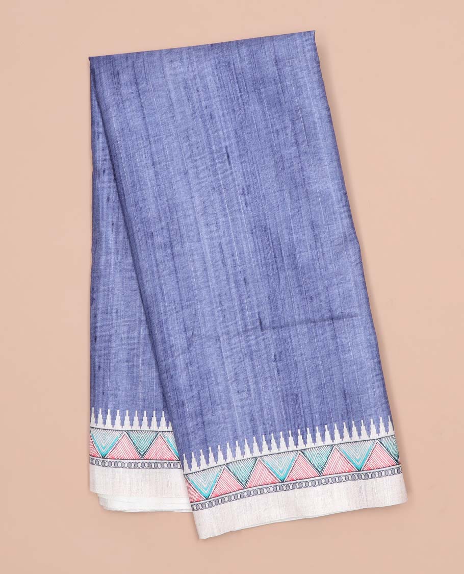 Green plain semi-banaras tussar saree, contrast vidarbha border & pallu of Madhubani print - Image 5